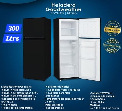 HELADERA MARCA GOODWEATHER DE 300 LITROS COLOR NEGRO