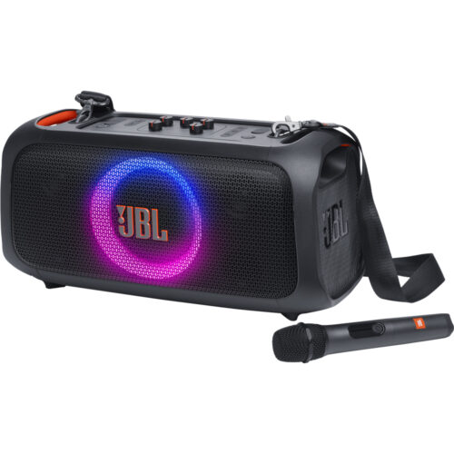 SPEAKER JBL PARTYBOX ON-THE-GO ESSENTIAL COM MICROFONO SEM FIO E EFEITOS DE LUZES